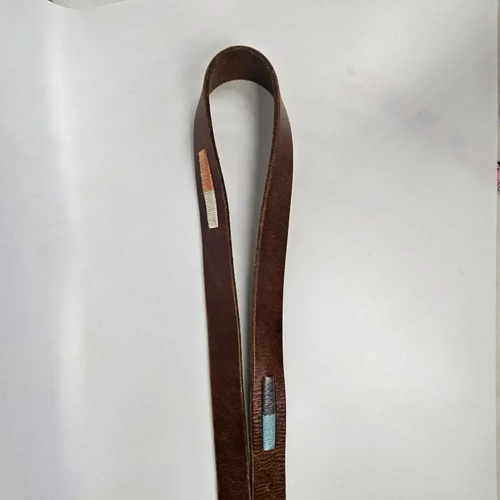 LUCKY BRAND VINTAGE BROWN GENUINE LEATHER BELT – MULTICOLOR STITCHING – SIZE 36